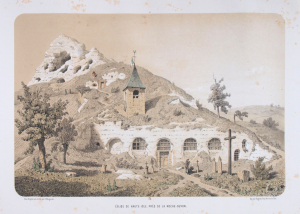Lithographie de Maugendre qui date du milieu du XIXe siècle représentant l’église troglodytique d’Haute-Isle